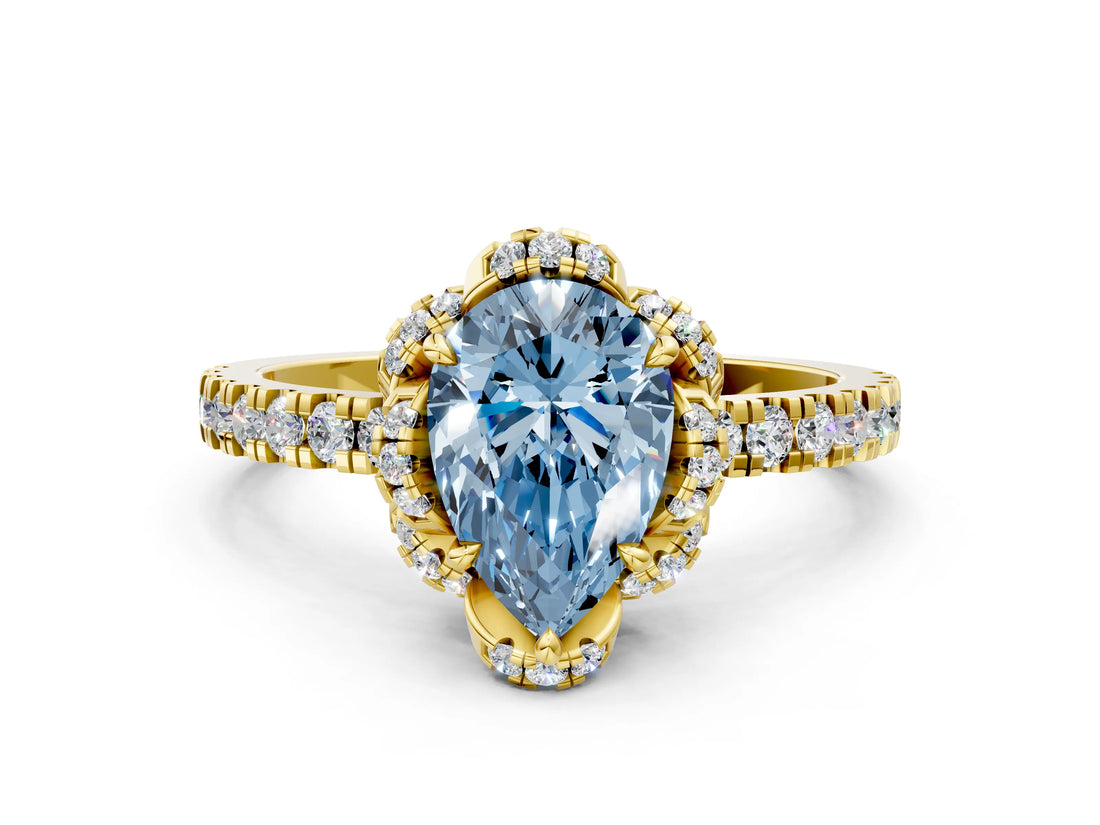 Yellow gold Fancy Blue Pear  Halo Diamond Pave Band Ring with Four-Prong Setting_15