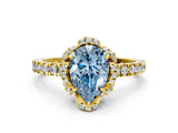 Yellow gold Fancy Blue Pear  Halo Diamond Pave Band Ring with Four-Prong Setting_15