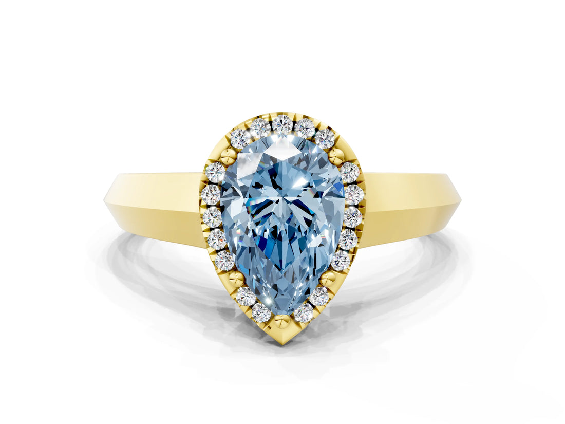 Yellow gold Fancy Blue Pear  Halo Diamond Ring with Cathedral Band and Four-Prong Setting_49