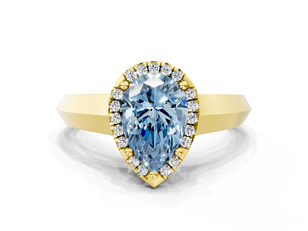 Yellow gold Fancy Blue Pear  Halo Diamond Ring with Cathedral Band and Four-Prong Setting