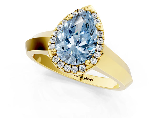 Yellow gold Fancy Blue Pear  Halo Diamond Ring with Cathedral Band and Four-Prong Setting