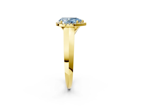 Yellow gold Fancy Blue Pear  Halo Diamond Ring with Cathedral Band and Four-Prong Setting