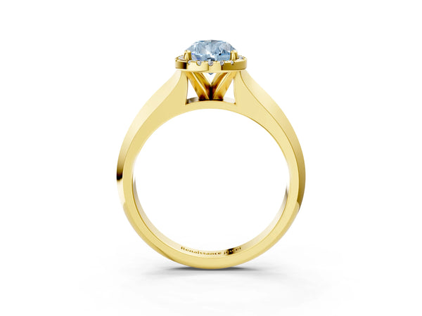 Yellow gold Fancy Blue Pear  Halo Diamond Ring with Cathedral Band and Four-Prong Setting