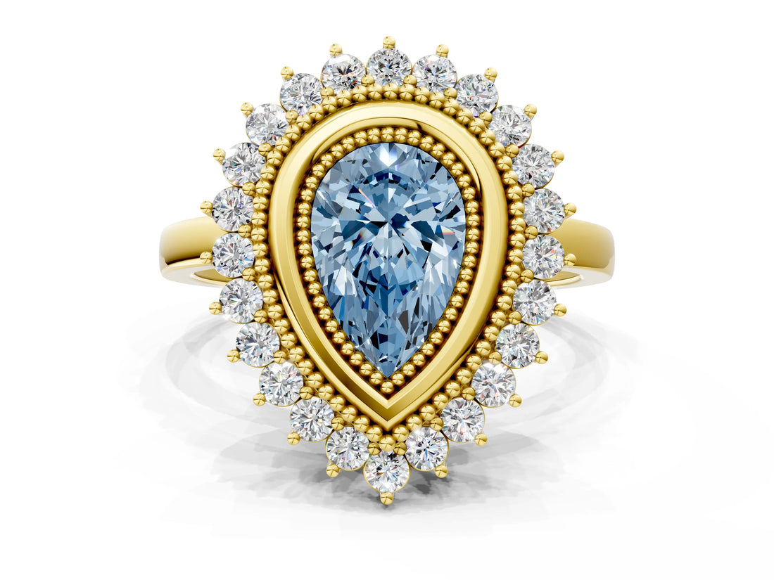 Yellow gold Fancy Blue Pear  Halo Diamond Ring with Milgrain Edge and Round Prong Setting_26