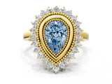 Yellow gold Fancy Blue Pear  Halo Diamond Ring with Milgrain Edge and Round Prong Setting_26