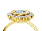 Yellow gold Fancy Blue Pear  Halo Diamond Ring with Milgrain Edge and Round Prong Setting_30