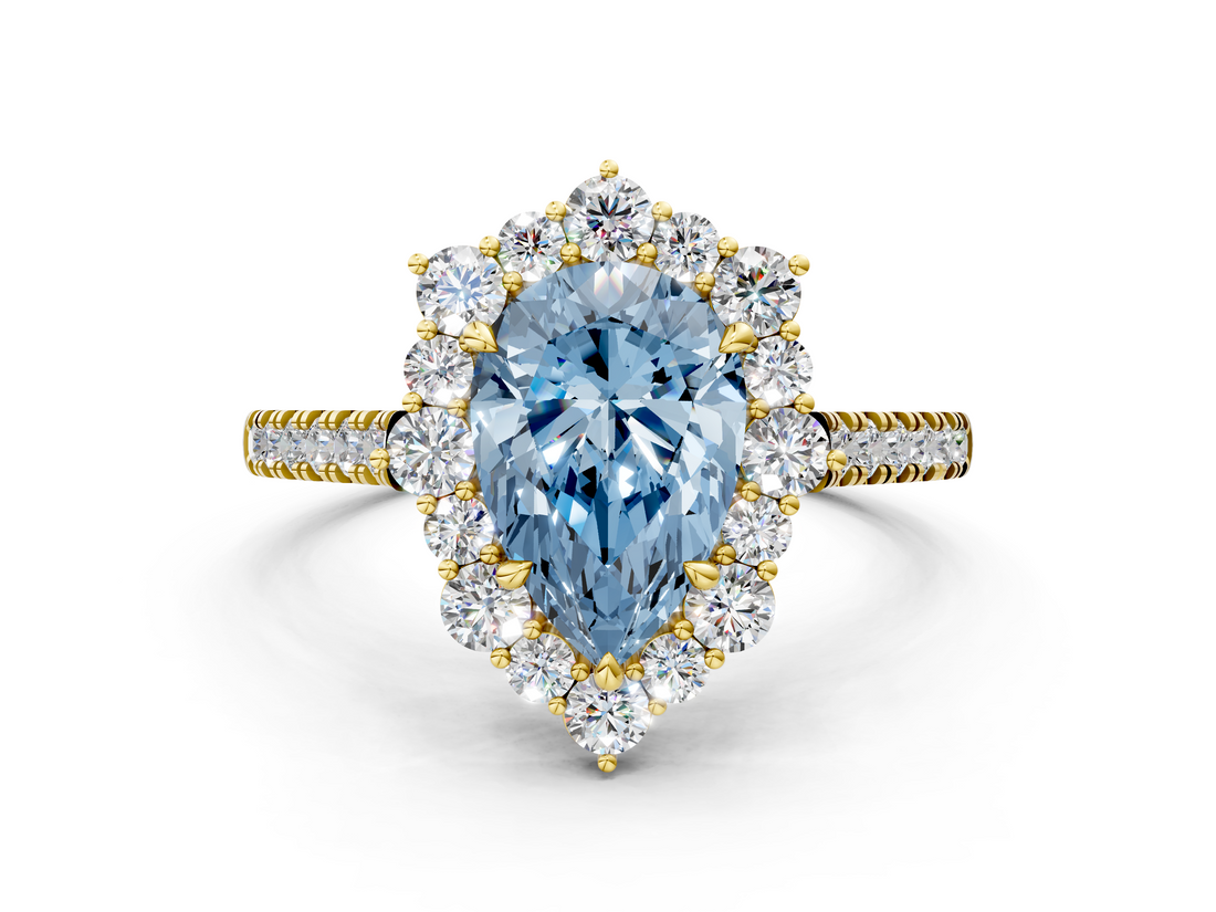 Yellow gold Fancy Blue Pear  Halo Diamond Ring with Pavé Band and Prong Setting_20