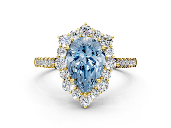Yellow gold Fancy Blue Pear  Halo Diamond Ring with Pavé Band and Prong Setting