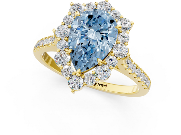 Yellow gold Fancy Blue Pear  Halo Diamond Ring with Pavé Band and Prong Setting
