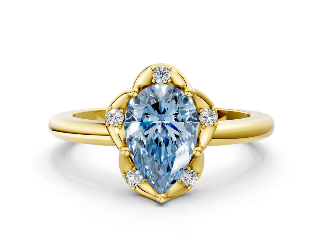 Yellow gold Fancy Blue Pear  Halo Diamond Ring with Round Cluster Setting, Solitaire Band, and Four-Prong Setting_49