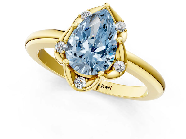 Yellow gold Fancy Blue Pear  Halo Diamond Ring with Round Cluster Setting, Solitaire Band, and Four-Prong Setting
