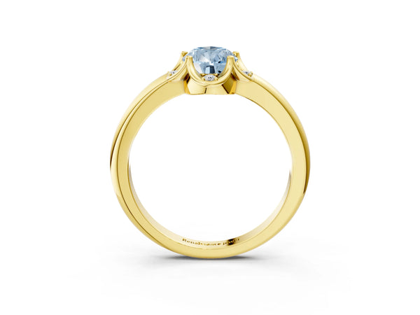 Yellow gold Fancy Blue Pear  Halo Diamond Ring with Round Cluster Setting, Solitaire Band, and Four-Prong Setting