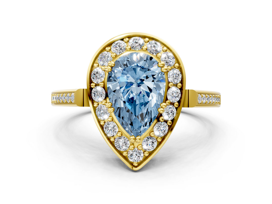 Yellow gold Fancy Blue Pear  Halo Diamond Ring with Split Shank and Four-Prong Setting_76