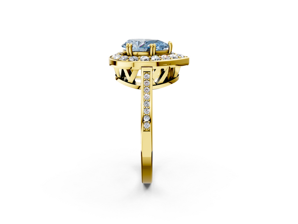 Yellow gold Fancy Blue Pear Cut Diamond Halo Ring with Split Shank and Four-Prong Setting