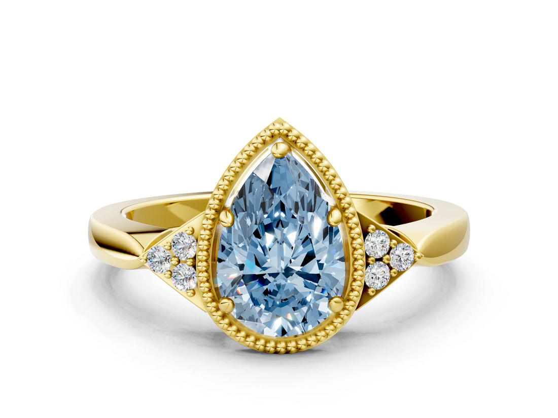 Yellow gold Fancy Blue Pear  Halo Diamond Ring with Tapered Band and Four-Prong Setting_7