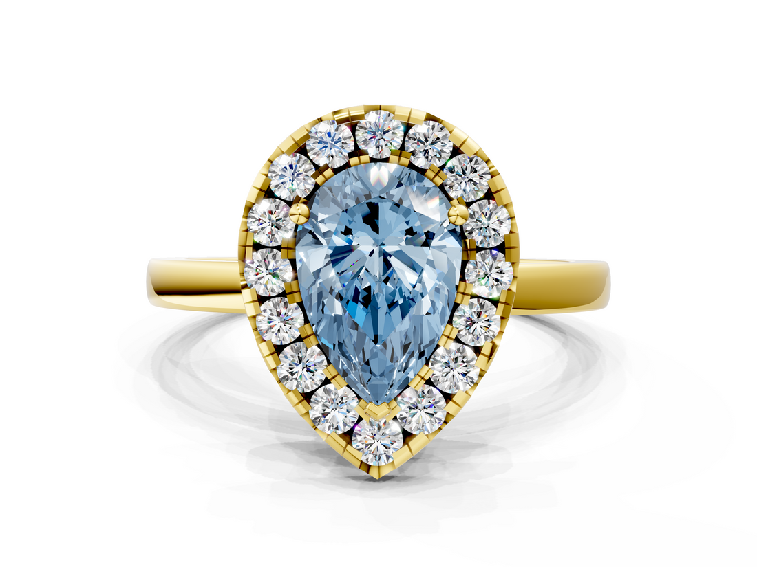 Yellow gold Fancy Blue Pear  Halo Diamond Solitaire with Pavé Band and Four-Prong Setting_55