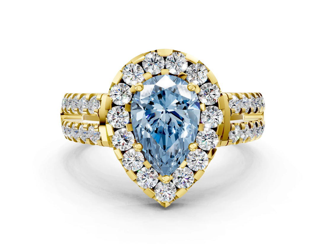 Yellow gold Fancy Blue Pear  Halo Diamond Split Shank Engagement Ring with Prong Setting_51