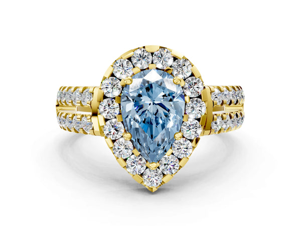 Yellow gold Fancy Blue Pear  Halo Diamond Split Shank Engagement Ring with Prong Setting