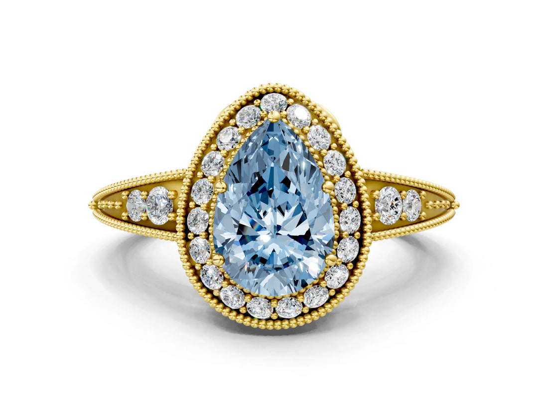 Yellow gold Fancy Blue Pear  Halo Diamond Split Shank Ring with Milgrain Detail_48