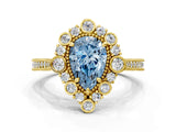 Yellow gold Fancy Blue Pear  Halo Milgrain Pave Diamond Ring with Four-Prong Setting 1
