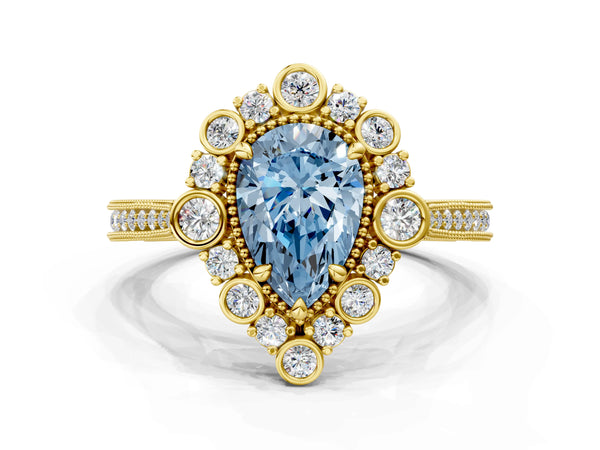 Yellow gold Fancy Blue Pear  Halo Milgrain Pave Diamond Ring with Four-Prong Setting