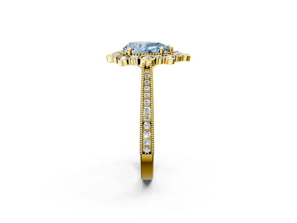 Yellow gold Fancy Blue Pear  Halo Milgrain Pave Diamond Ring with Four-Prong Setting