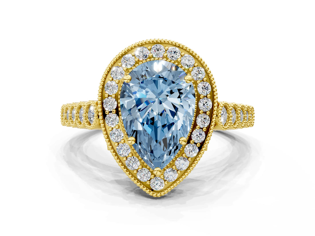 Yellow gold Fancy Blue Pear  Halo Milgrain Solitaire with Bezel Set Side Stones and Pave Band_33