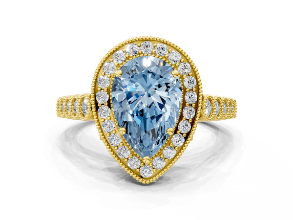 Yellow gold Fancy Blue Pear  Halo Milgrain Solitaire with Bezel Set Side Stones and Pave Band