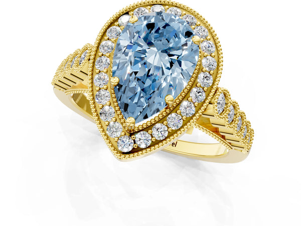 Yellow gold Fancy Blue Pear  Halo Milgrain Solitaire with Bezel Set Side Stones and Pave Band