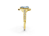 Yellow gold Fancy Blue Pear  Halo Milgrain Solitaire with Bezel Set Side Stones and Pave Band_35