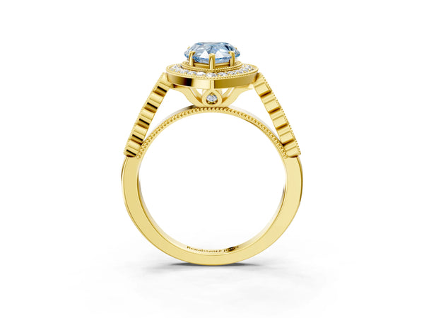 Yellow gold Fancy Blue Pear  Halo Milgrain Solitaire with Bezel Set Side Stones and Pave Band