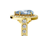 Yellow gold Fancy Blue Pear  Halo Milgrain Solitaire with Bezel Set Side Stones and Pave Band_38
