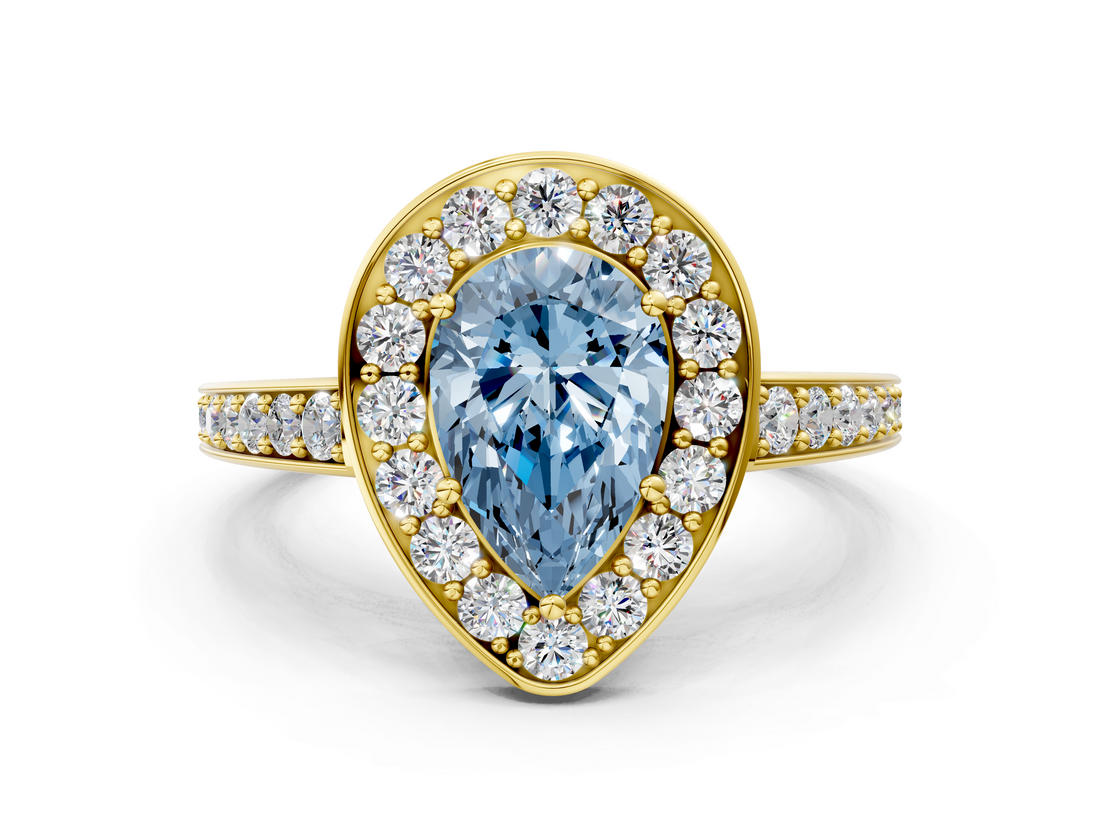 Yellow gold Fancy Blue Pear  Halo Pavé Diamond Engagement Ring with Bezel Setting_20