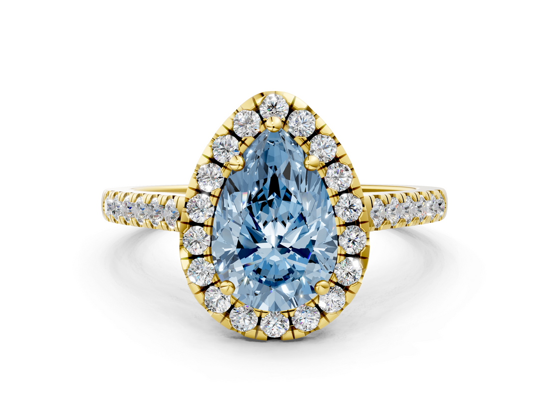 Yellow gold Fancy Blue Pear  Halo Pavé Diamond Engagement Ring with Four-Prong Setting_3
