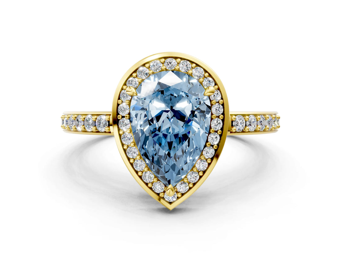 Yellow gold Fancy Blue Pear  Halo Pave Band Solitaire Ring with Prong Setting_66