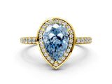 Yellow gold Fancy Blue Pear  Halo Pave Band Solitaire Ring with Prong Setting_66