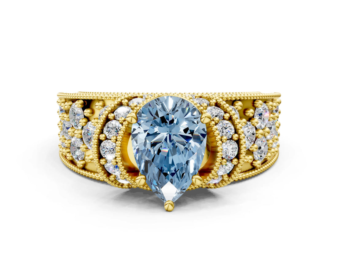 Yellow gold Fancy Blue Pear  Halo Pave Diamond Engagement Ring with Milgrain Detailing_49