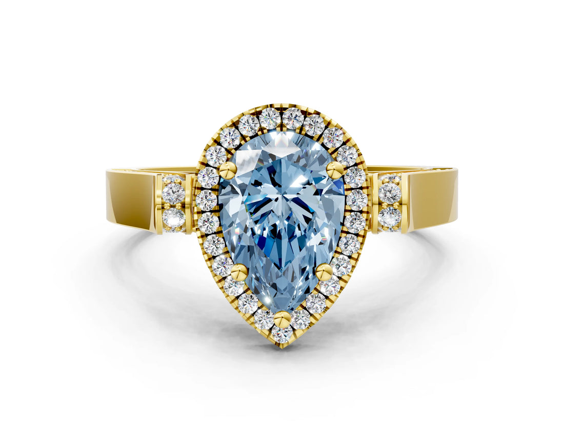 Yellow gold Fancy Blue Pear  Halo Pave Split Shank Prong Setting Ring_26