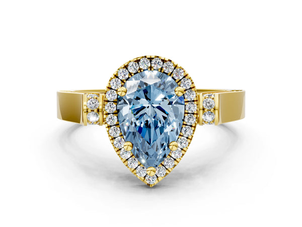 Yellow gold Fancy Blue Pear  Halo Pave Split Shank Prong Setting Ring