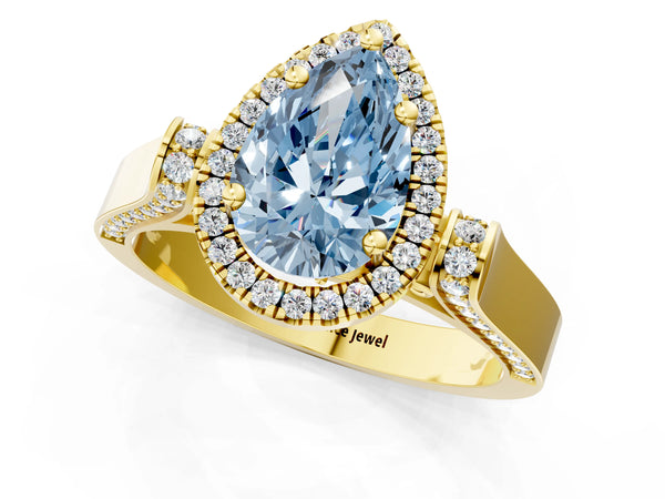 Yellow gold Fancy Blue Pear  Halo Pave Split Shank Prong Setting Ring