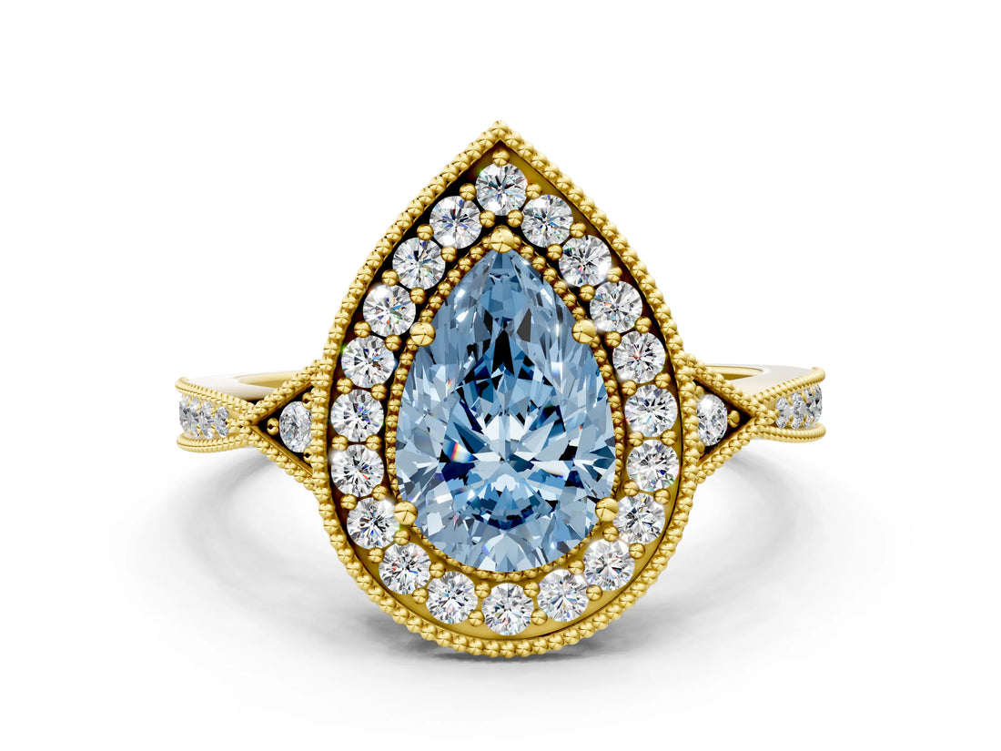 Yellow gold Fancy Blue Pear  Halo Round Diamond Milgrain Pave Engagement Ring_3