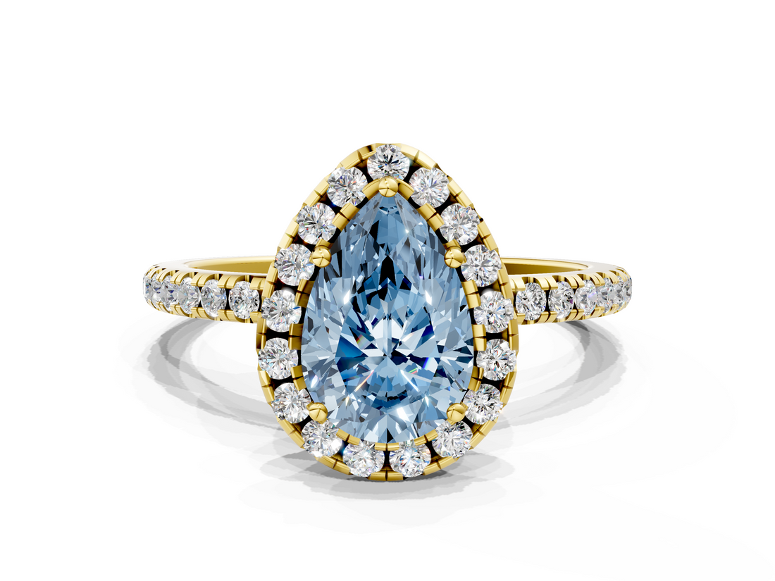 Yellow gold Fancy Blue Pear  Halo Round Diamond Pavé Band Four-Prong Ring_3
