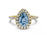 Yellow gold Fancy Blue Pear  Halo Round Diamond Pavé Band Four-Prong Ring_3
