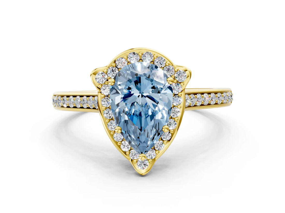 Yellow gold Fancy Blue Pear  Halo Round Diamond Pave Band with Four-Prong Setting_38
