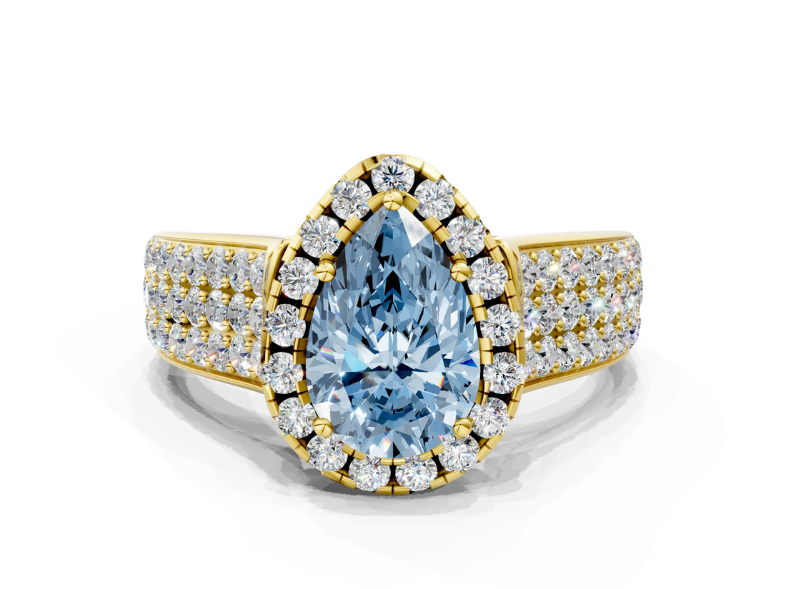 Yellow gold Fancy Blue Pear  Halo Round Diamond Pave Band with Prong Setting 1