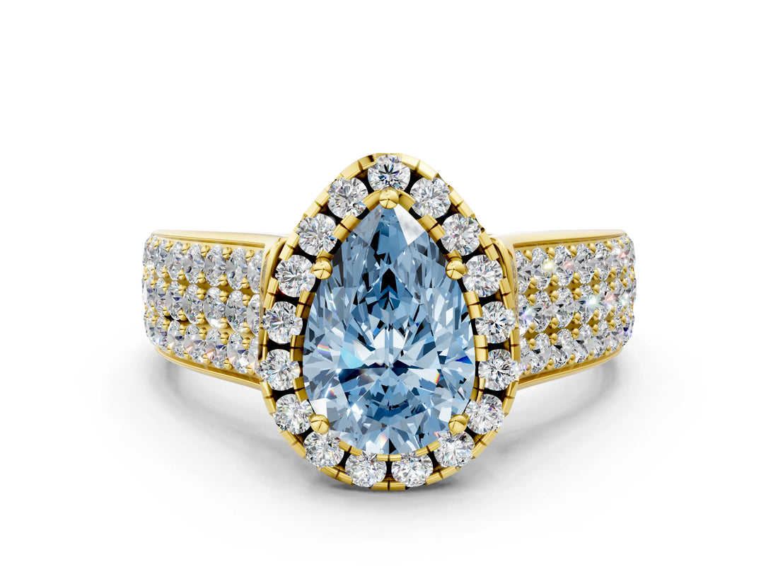 Yellow gold Fancy Blue Pear  Halo Round Diamond Pave Band with Prong Setting_12