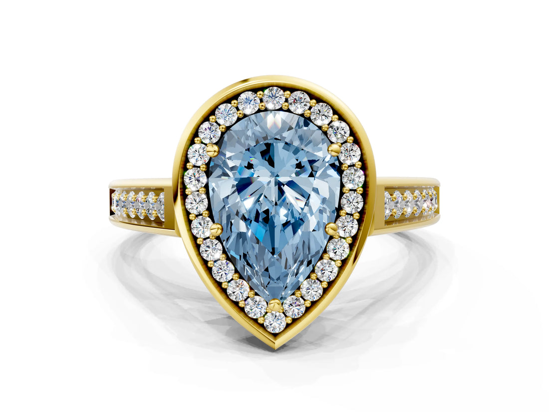 Yellow gold Fancy Blue Pear  Halo Solitaire Diamond Ring with Pave Band and Bezel Setting_49