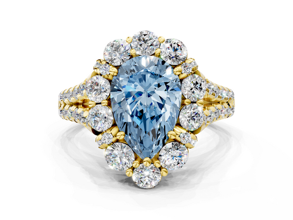 Yellow gold Fancy Blue Pear  Halo Split Shank Diamond Engagement Ring with Pave Band and Four-Prong Setting