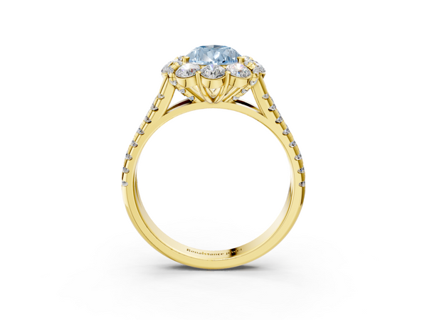 Yellow gold Fancy Blue Pear  Halo Split Shank Diamond Engagement Ring with Pave Band and Four-Prong Setting