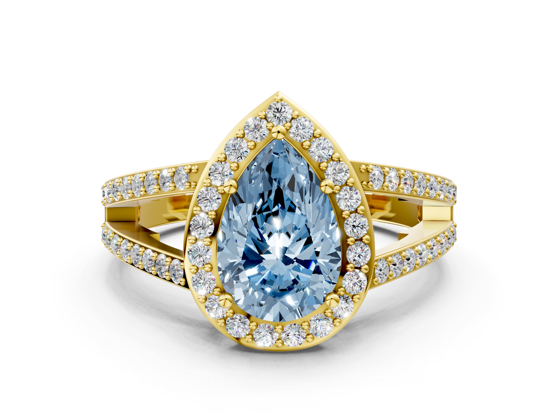 Yellow gold Fancy Blue Pear  Halo Split Shank Diamond Ring with Four-Prong Setting_32